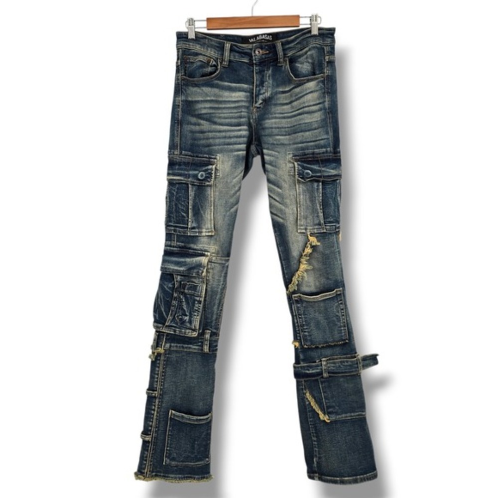 Valabasas Mens Distressed Cargo Stacked Jeans Blue Slim Fit Multi Pocket Size 29